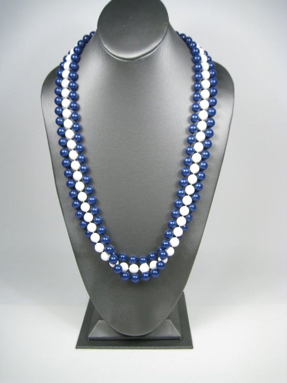 Classic Multi Strand Navy Plastic Beaded Necklace Gold Tone Chain Layered 50 in